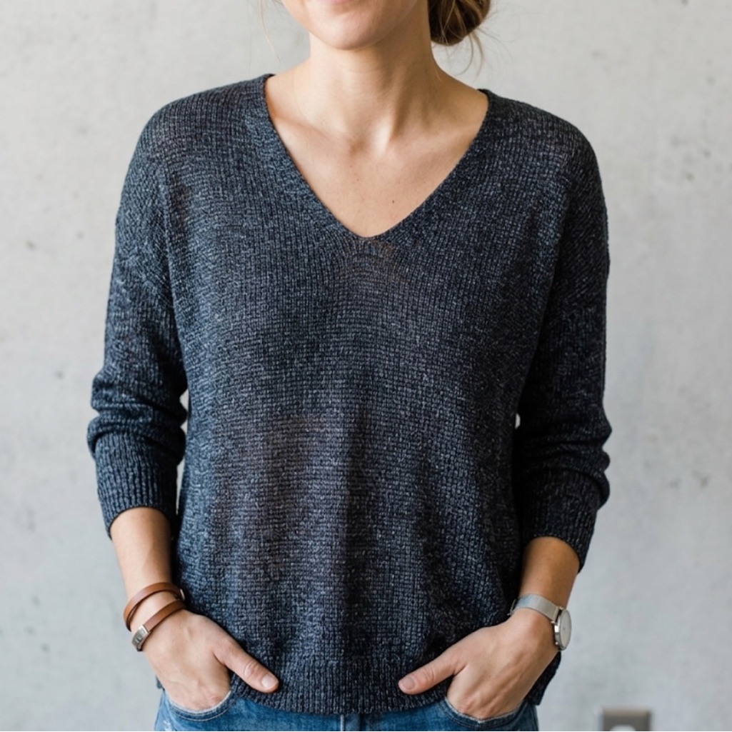 Eileen Fisher Medium Black Vneck Organic Linen Blend Long Sleeve Vneck Sweater